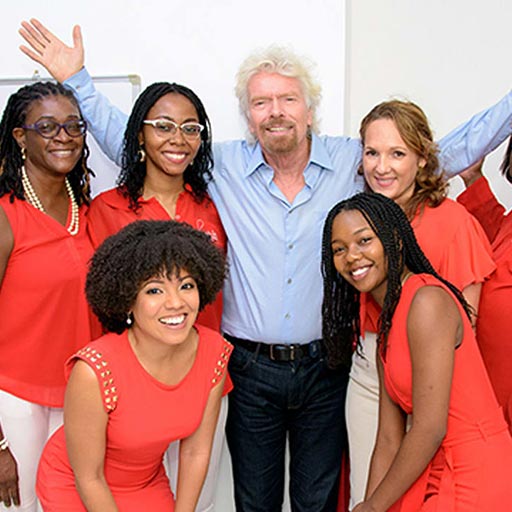 Richard Branson with employees at The Branson Centre of Entrepreneurship Caribbean