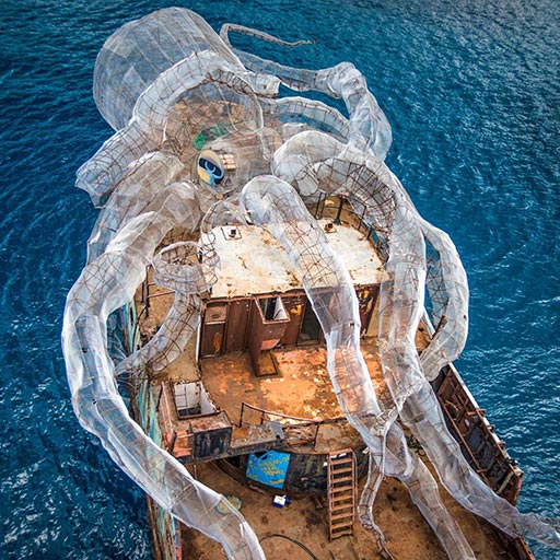 Trawler with giant model of an octopus